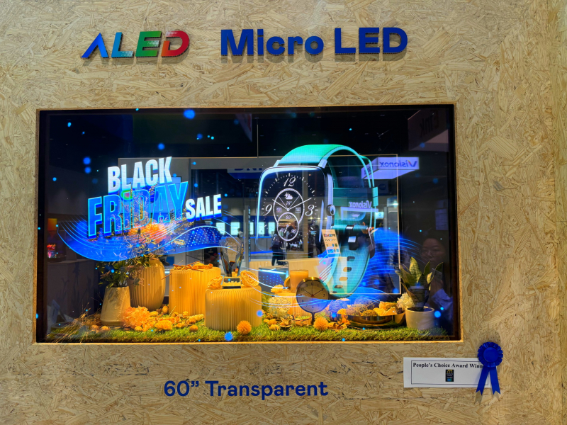 zoty中欧体育60吋高透明度Micro LED显示器获”最佳Micro LED技术应用奖”，将Micro LED面板透明化之设计特性极致发挥，以可扩展性无缝拼接技术打造，具备600 nits全画面亮度、大于60%穿透率及超过NTSC 110%的优异广色域表现，可依需求灵活应用于各种场域